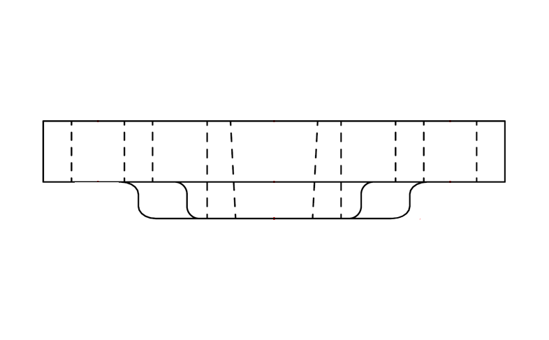 A drawing of a top-down view of the keyblock plate showing the bearing surfaces of the sides of the keyblock plate